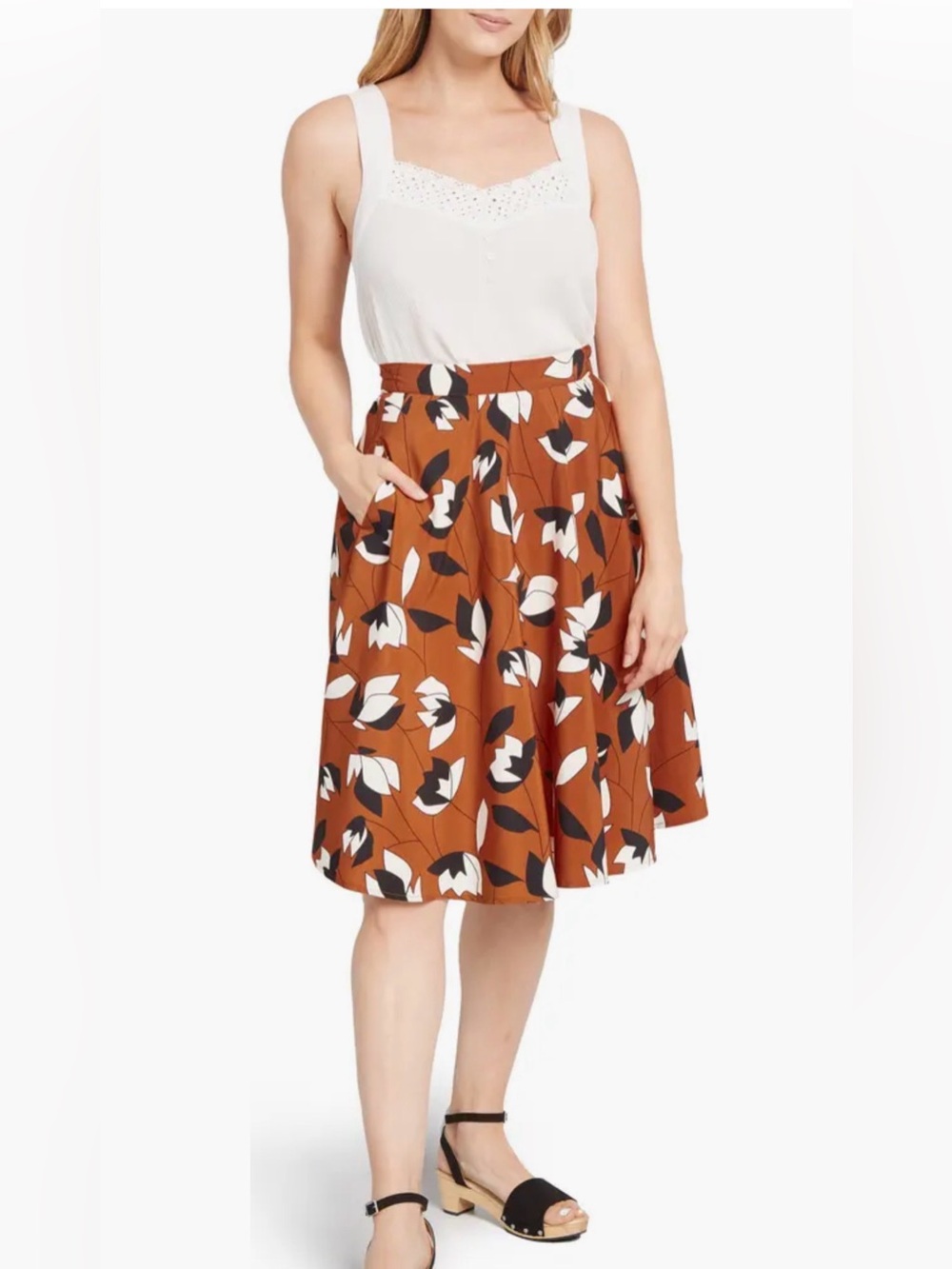 ModCloth Size XXS Just This Sway Rust Orange Floral Print Midi Skirt